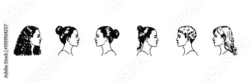 Six side view line art drawings of women with curly hair updos and short styles