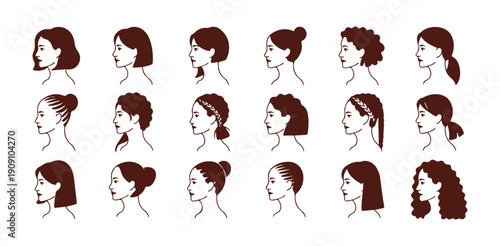 Woman profile avatar set collection with various hairstyles isolated vector illustration art
