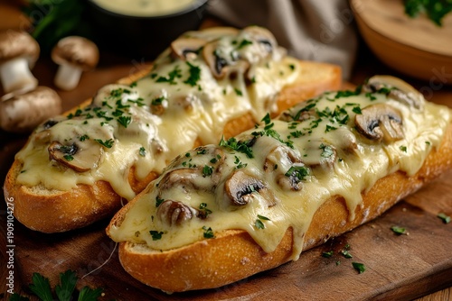 selective focus on savory street food baguette topped with mushrooms and cheese