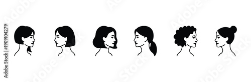 Minimalist female profile portraits showing diverse hair fashion isolated linear vector art