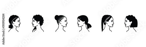 Braided and tied hair female profile icons collection artistic line vector drawing elements