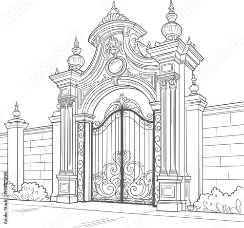 Ornate vintage gate outline illustration featuring classic architectural entrance decorative ironwork facade vector isolated historic elegant design element