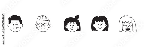 Collection of playful cartoon children faces with different hairstyles and happy expressions