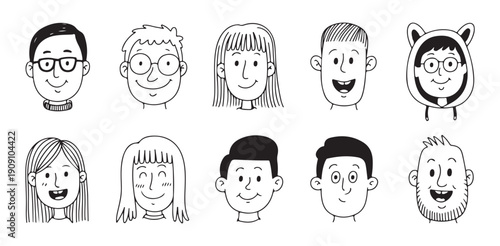 Assortment of diverse cartoon people faces with various hairstyles and expressions