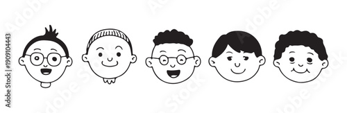 Five distinct male and female child avatars in minimalist doodle style with various expressions