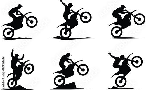Motocross rider performing dirt bike stunts, wheelies, jumps, and tricks silhouette set, extreme sports action collection, isolated vector illustration design