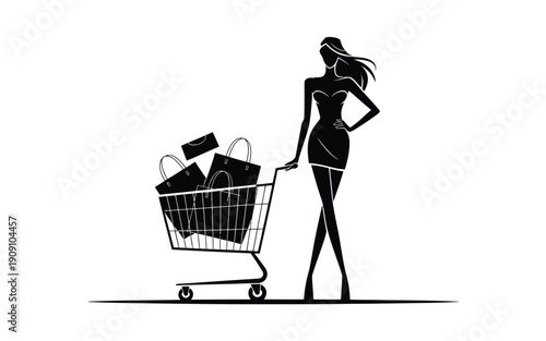 Woman with shopping cart filled bags minimalist black vector illustration shopping concept retail therapy consumerism