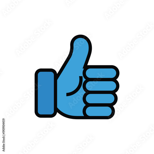 A blue thumbs up icon on a white background with black outline