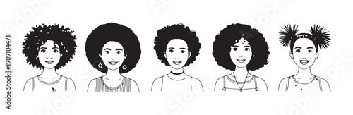 Black women faces collection different natural curly and afro hairstyles vector set