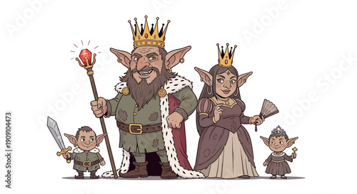 Illustration of a royal family of goblins with crowns and regal attire