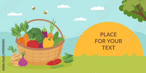 Basket with vegetables on the nature background. Healthy food, farming, thanksgiving, ecology, harvest concepts. Vector flat template.