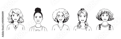 Set of diverse women faces with short wavy and pulled up hairstyles vector art