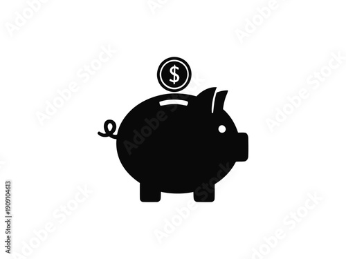 Black piggy bank with coin, simple vector icon for savings and finance