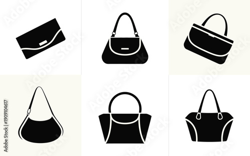 Collection of elegant black vector handbags and purses with white accents on clean background