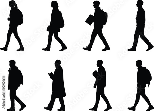 Walking student silhouettes set, school and university teenagers with backpacks and books isolated on white background vector illustration