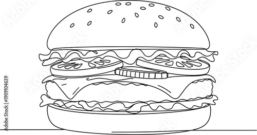 Burger one line drawing illustration for minimalist food menu de
clean cheeseburger illustration with thin, clear lines on a white background. Ideal for kids' coloring activities and art projects
