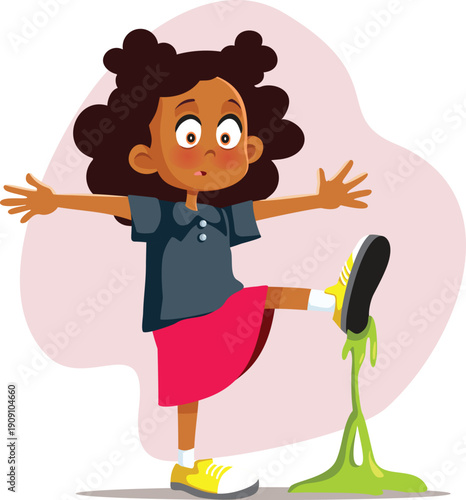  Girl Walks in Something Green and Sticky Vector Illustration. Surprised child being unhappy about sticky mess on the ground

