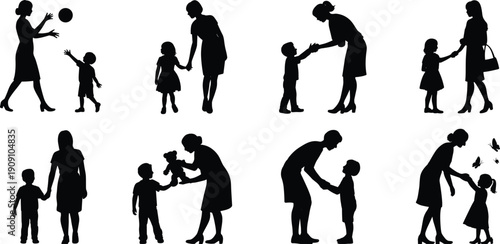 Mother and child silhouette playing together, holding hands, nurturing, bonding moments, family love, parenting, care, interaction, childhood, happiness, connection, tender moments, togetherness