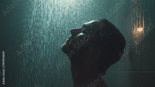 A man is standing in a shower with water pouring down on him