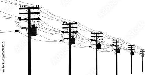 Silhouette of multiple utility poles with electrical wires, power distribution lines, rural electricity network, black and white infrastructure energy concept background.