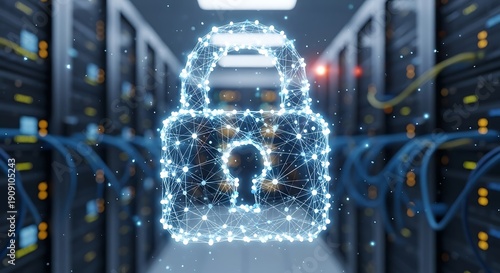 Secure Data Center with Glowing Lock Icon and Server Racks in Background