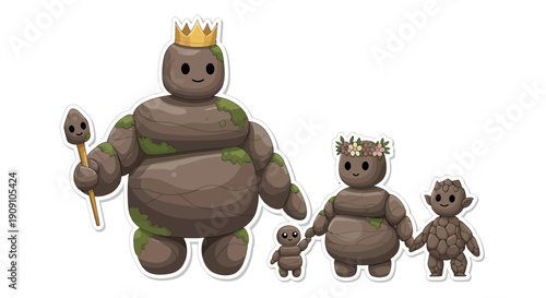 Charming Rock Family with a King, Queen, and Children in a Magical Forest Setting
