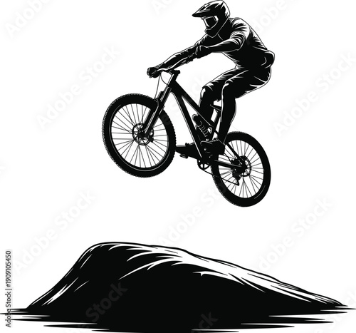 Mountain bike jump silhouette, downhill rider, extreme sport, cyclist airborne, BMX stunt, dirt jump, adventure, biking vector, sports illustration, outdoor activity