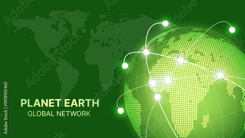 Planet Earth Global Network Concept – Green Digital World Map with Connected Dots and Global Communication Technology Vector Illustration