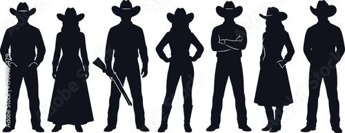 Cowboy silhouette collection, western men and women standing with rifle isolated on white background vector illustration set