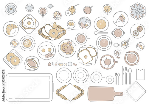 カフェの朝食メニューの俯瞰イラストセット 線画フラットデザインのくすみカラーベクター