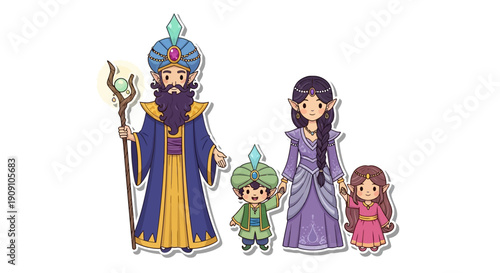 Royal family in traditional attire posing for a picture on white background