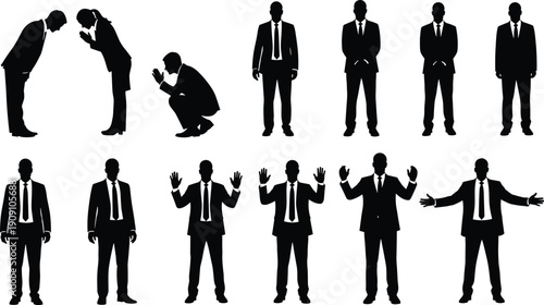 Businessman silhouette collection showing professional men in suits with various standing, greeting, praying and presenting poses isolated on white background vector illustration