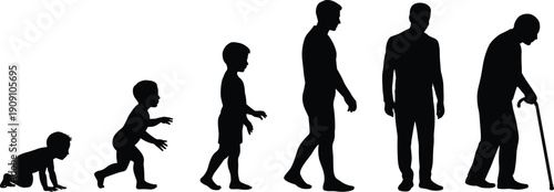 Silhouette of male life stages from baby to elderly, aging and human growth concept, development timeline, evolution illustration on white background.