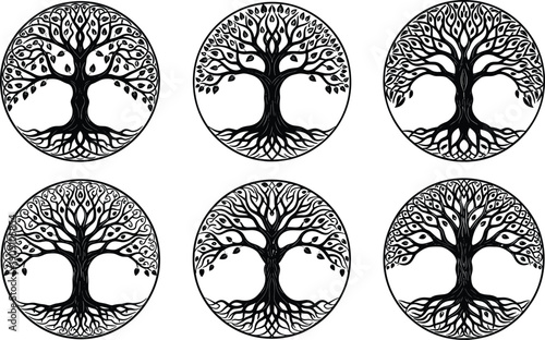 Intricate Vector Collection of Tree of Life Silhouettes Featuring Ornate Branches and Deep Roots Set Within Circular Borders for Spiritual and Ancestry Graphic Design