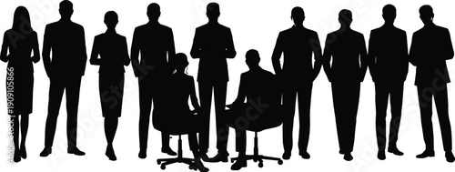 Business team silhouettes standing and sitting together, professional corporate people group concept, leadership workforce diversity, black flat vector illustration