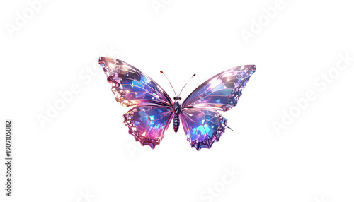 A beautiful blue butterfly with brightly colored wings stands alone against a white background