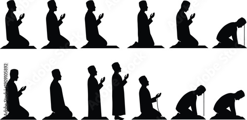 Silhouette of Muslim men praying and making dua, Islamic worship positions, religious devotion, Ramadan prayer, spiritual faith, black and white illustration