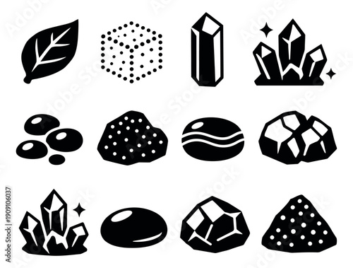 Stylized nature elements set featuring rocks, crystals, pebbles, earth, and a leaf for geological and environmental designs