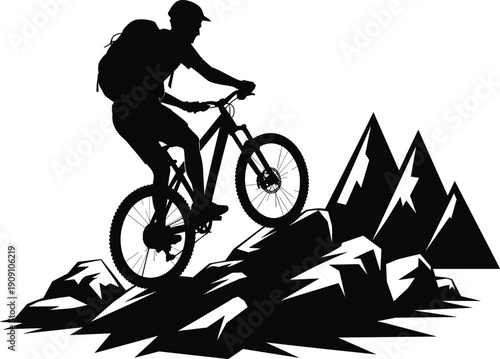 Silhouette of mountain biker climbing rocky trail, extreme sports, adventure cycling, mountain terrain, outdoor activity, rugged landscape, active lifestyle, mountain biking challenge.