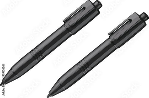 Two professional black retractable ballpoint pens with pocket clips isolated on a white background for business stationery office supplies and corporate writing concept