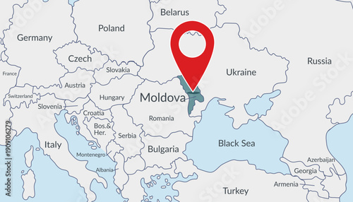 Moldova on the Europe map with pin location marker. Vector flat template.