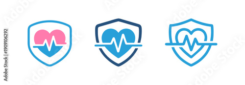 Modern vector collection of health protection shield icons, integrating heartbeats and ECG lines to represent comprehensive medical safety, wellness, and vital healthcare services