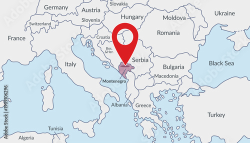 Montenegro on the Europe map with pin location marker. Vector flat template.
