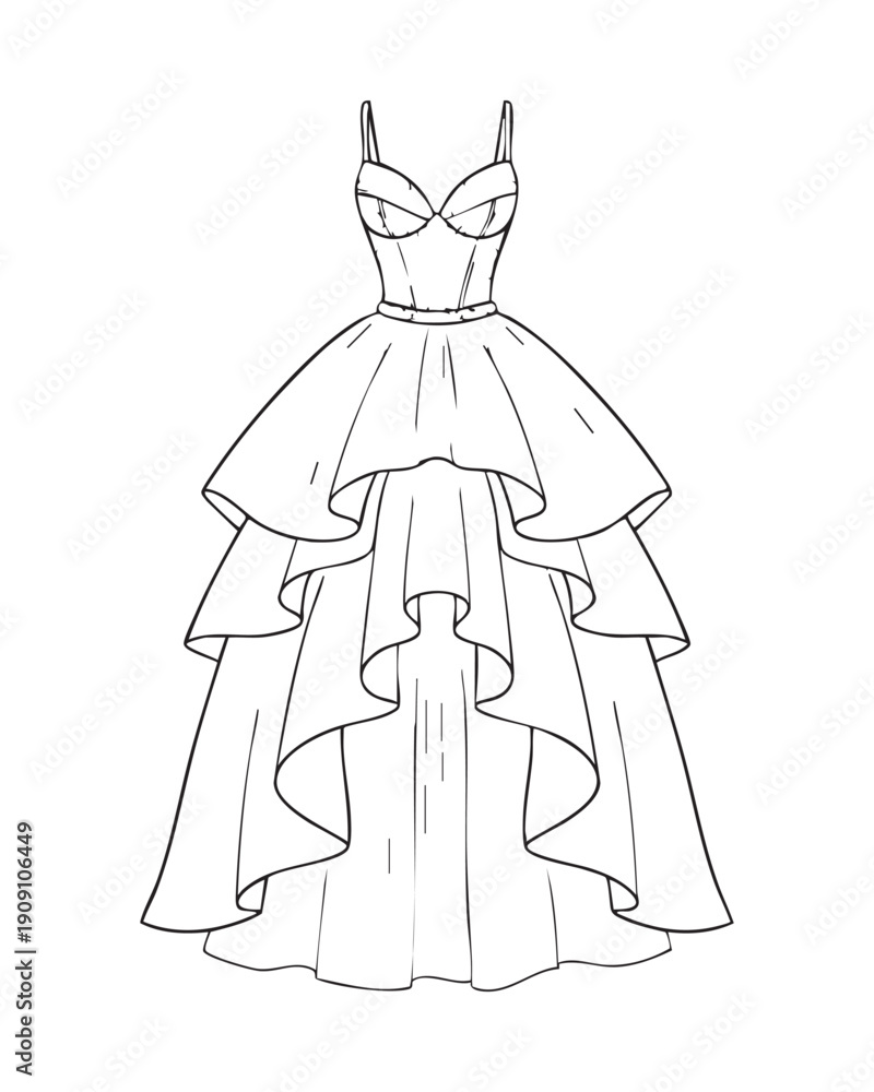 Fototapeta premium Elegant High-Low Tiered Ruffle Ballgown Fashion Illustration with Detailed Black Line Art Outline Stroke Template