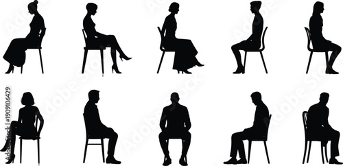 Silhouette of men and women sitting on chairs, various poses, side view, sitting people clipart, vector isolated design for stock content