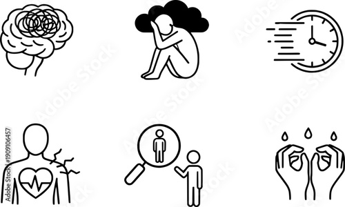 Mental health and psychology icon set, minimalist line art symbols for stress, anxiety, depression, burnout and emotional overwhelm, neurology and wellness concepts.