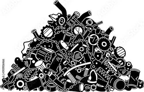 Pile of scrap metal and mechanical parts illustration, black and white silhouette of junk yard waste with gears, pipes, springs and chains, industrial recycling concept.