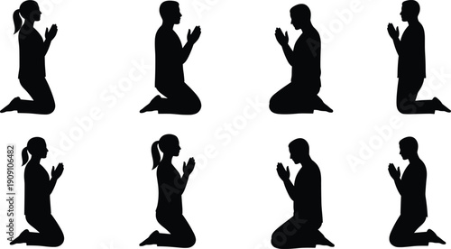 Silhouette of men and women kneeling in prayer, worship and meditation poses, spiritual faith illustration on white background for religion concepts