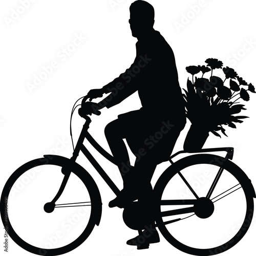 Silhouette of man riding bicycle with flowers in basket, eco transport concept, nature lifestyle, romantic delivery, urban green commuting