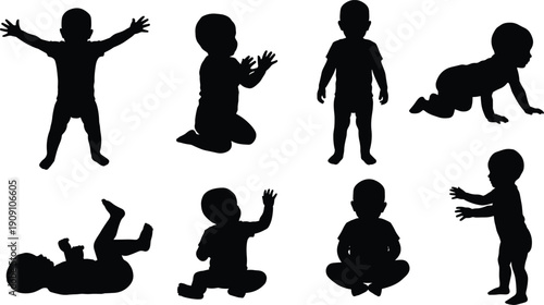 Baby silhouette collection, infants sitting crawling standing and playing isolated on white background vector illustration set